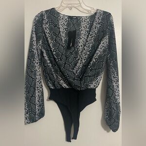 Fashion Nova Black Silver Wrap Fitted Bodysuit